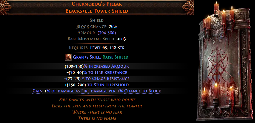 PoE 2 Chernobog's Pillar Blacksteel Tower Shield Guide: Stats, Mods ...